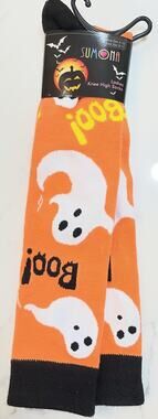 SUMONA Knee High Socks Womens One Size Orange Halloween Ghost Boo Party Fall